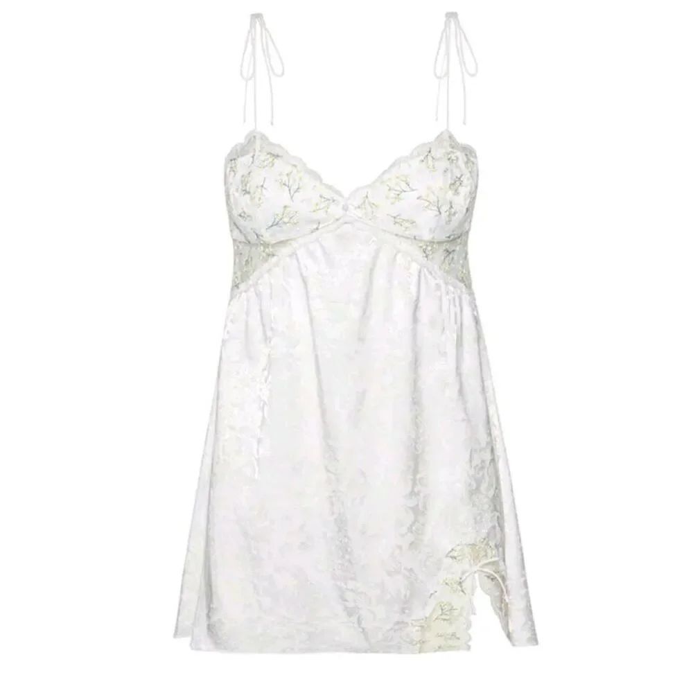 Floral Embroidered Satin Mini Slip Dress - Size Small - Cottagecore Style